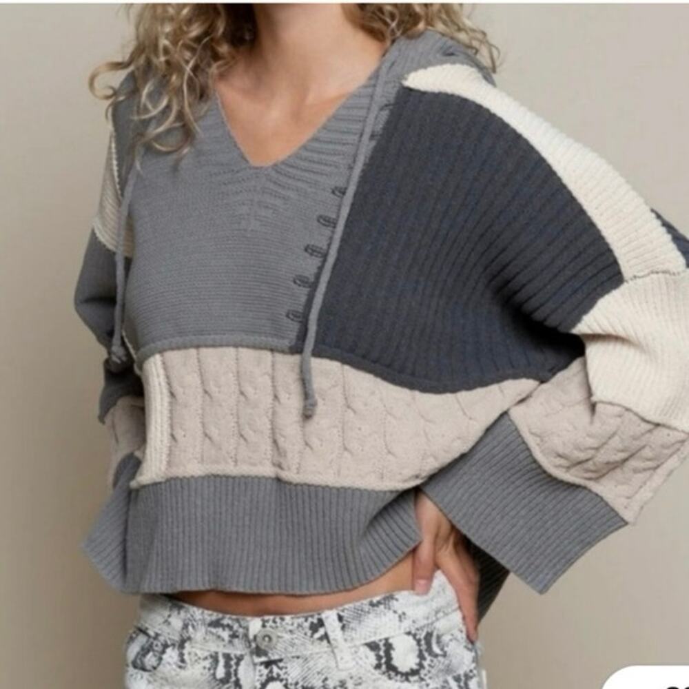 POL Patchwork Hooded Cropped Sweater Colorblock Cable Knit Boho Oversized S